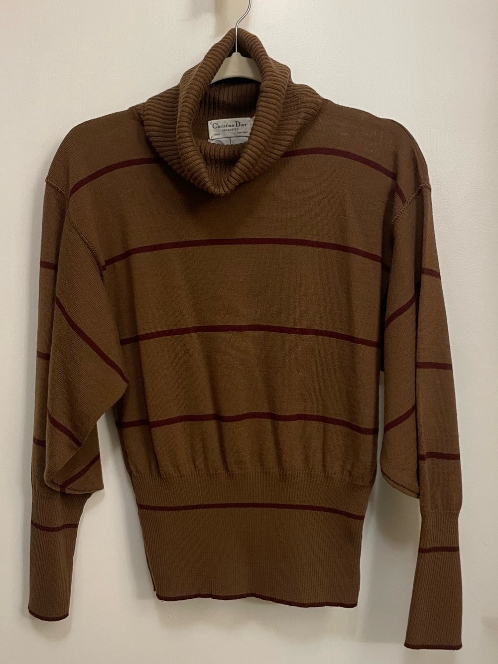 70s Christian Dior Wool Sweater Brown Burgundy Striped Turtleneck Size M